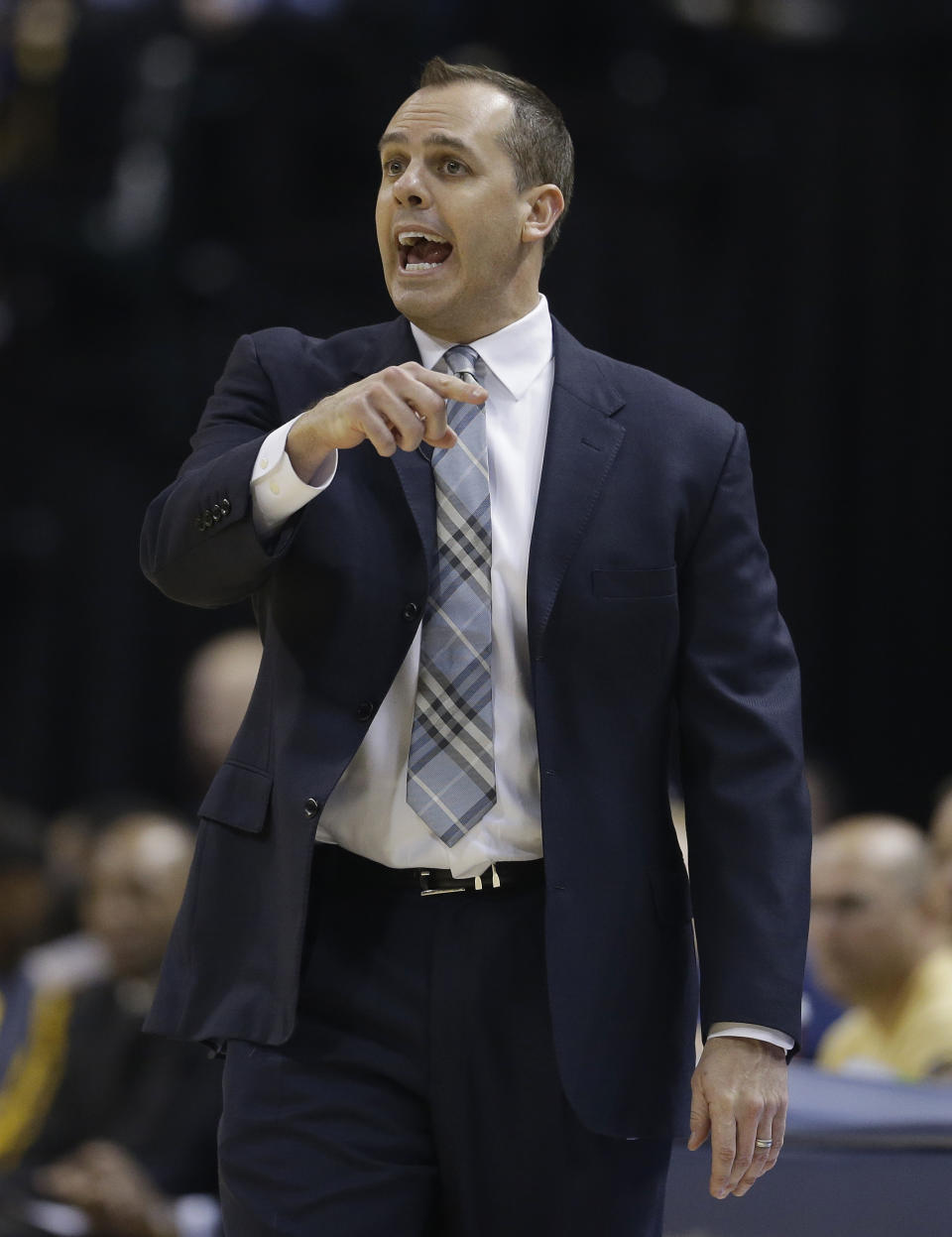 Indiana Pacers head coach Frank Vogel calls a play during the first half in Game 2 of an opening-round NBA basketball playoff series against the Atlanta Hawks Tuesday, April 22, 2014, in Indianapolis. (AP Photo/Darron Cummings)