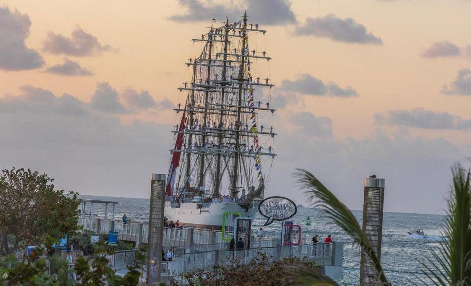 The B.A.P. Unión, a colossal four-masted flagship of the Peruvian Navy, enters through the Government Cut early Wednesday morning on its way to dock at the Maurice Ferré Park in Miami for a visit between March 13th through 17th, on Wedenesday, March 13, 2024.