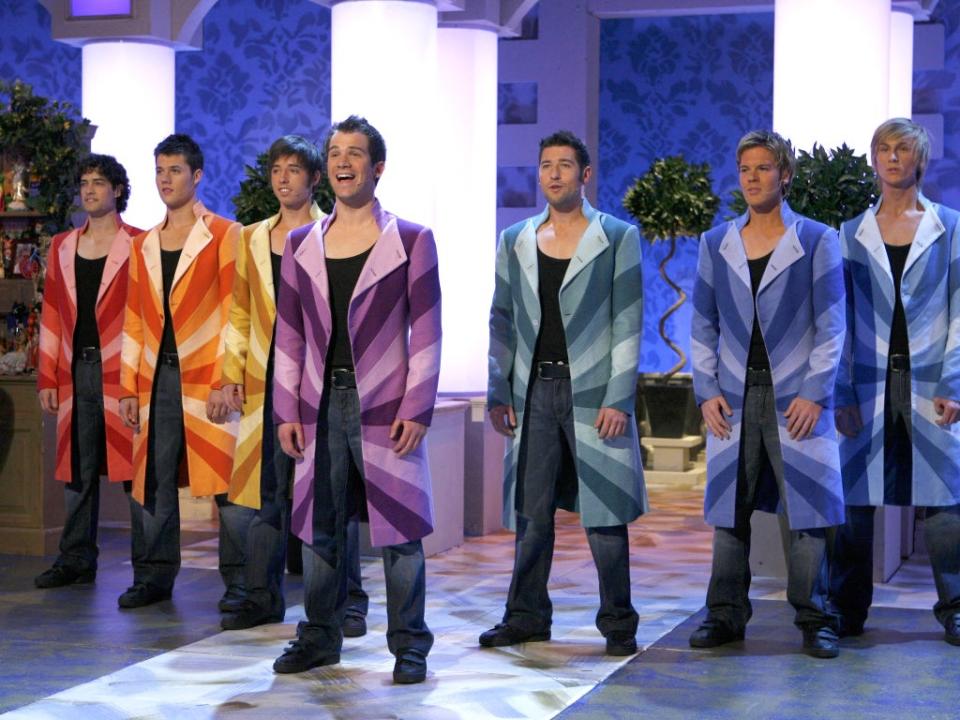 Daniel Boys, Craig Chalmers, Ben Ellis, Rob McVeigh, Lewis Bradley, Lee Mead and Keith Jack compete to be the next Joseph on ‘Any Dream Will Do’ in 2007 (Ken McKay/Shutterstock)