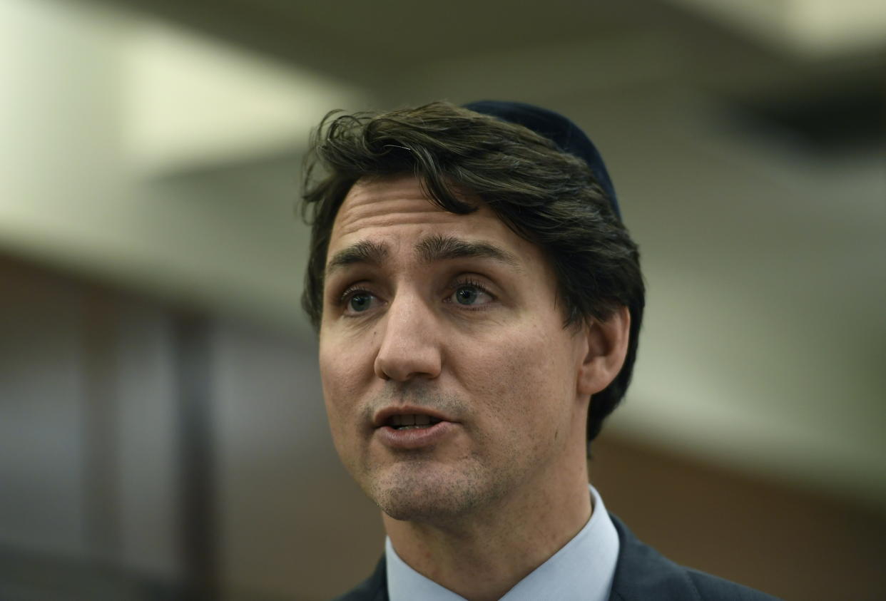 Prime Minister Justin Trudeau speaks during Hanukkah on the Hill celebrations in Ottawa, Ontario, Monday, Dec. 9, 2019. Hanukkah takes place from Dec. 22-30, 2019. (Justin Tang/The Canadian Press via AP)