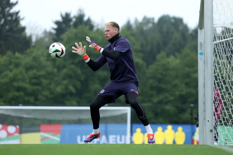 aron Ramsdale of England makes a save during a training session at Spa & Golf Resort Weimarer Land on June 19 -Credit: Eddie Keogh - The FA/The FA via Getty Images