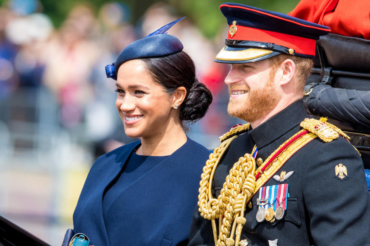 Prince Harry Duke of Sussex and Meghan Markle Duchess of Sussex during Trooping the Colour ceremony