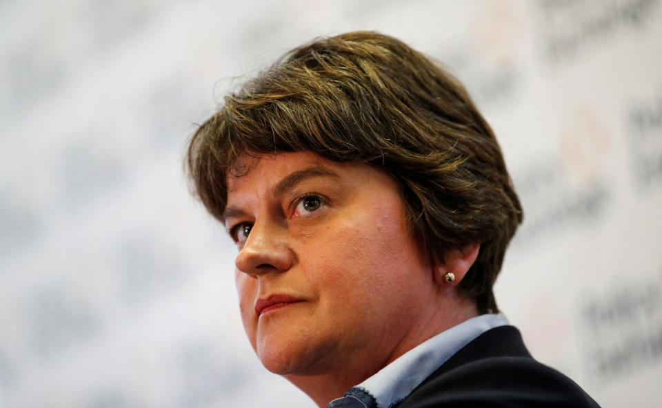 DUP leader Arlene Foster speaks during a meeting about abolishing the Irish backstop during the Conservative Party annual conference in Manchester, Britain, September 29, 2019. REUTERS/Phil Noble