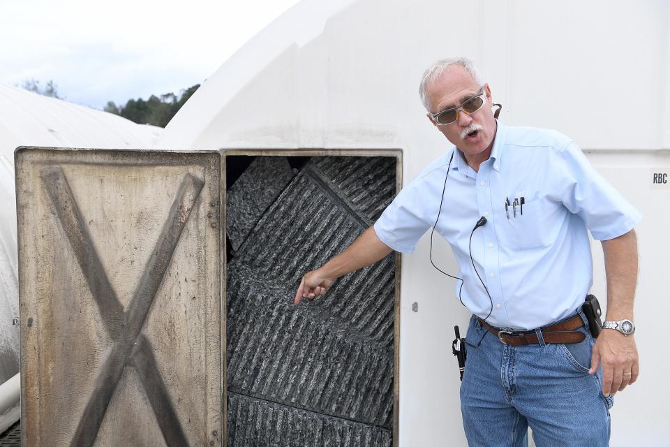 Roger Edwards, Wastewater Reclamation Facility Operations Manager gives a tour of Buncombe's Metropolitan Sewerage District on Oct. 9, 2018. Data collected from the facility helps track COVID-19.