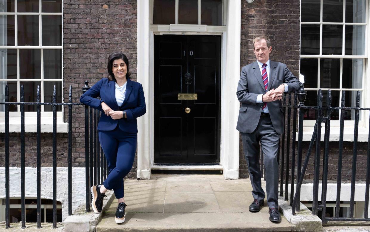 Alastair Campbell and Baroness Sayeeda Warsi outside 10 Downing Street - Channel 4