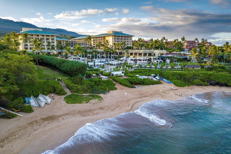 Aerial view of the property and beach at Four Seasons Resort Maui at Wailea