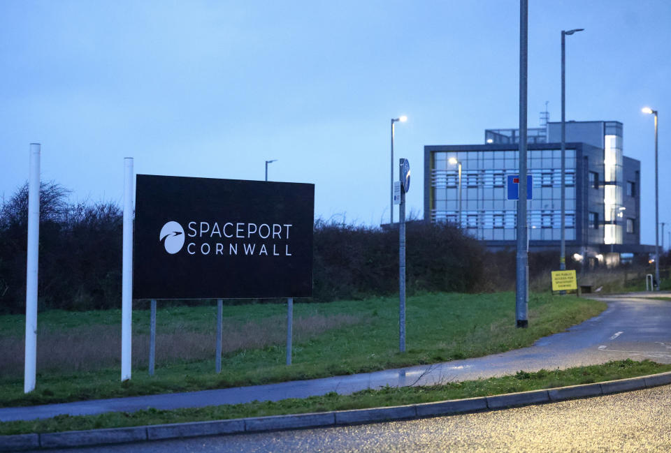 Signage at the entrance to Spaceport Cornwall, the location of UK's First launch of Virgin Orbit's LauncherOne rocket, at Newquay Airport in Newquay, Britain, January 8, 2023. REUTERS/Henry Nicholls