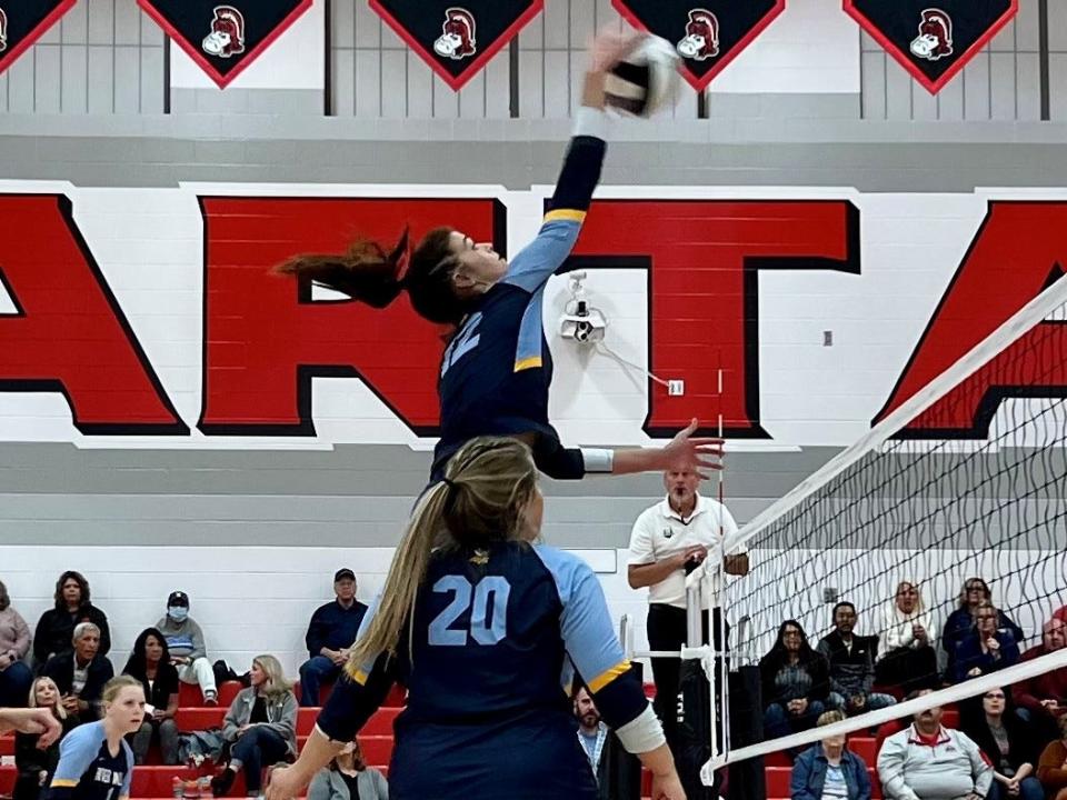 River Valley's Haleigh Creps goes up for a kill during a volleyball match at Pleasant this season. She was named Mid Ohio Athletic Conference Volleyball Player of the Year for 2022.