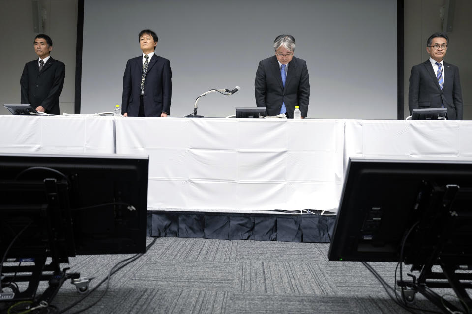 Junichi Matsumoto, second right, the corporate officer in charge of treated water management for Tokyo Electric Power Co. (TEPCO) Holdings, which operates the Fukushima No. 1 nuclear power plant, with other representatives are presented to media before a press conference at TEPCO headquarter building Tuesday, Aug. 22, 2023, in Tokyo. (AP Photo/Eugene Hoshiko)