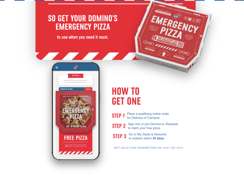 Domino’s Emergency Pizza comes with a qualifying online order and must be used within 30 days (Courtesy: Domino's Pizza website). 