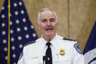 U.S. Capitol Police Chief Tom Manger holds a news conference to discuss preparations for a weekend rally planned by allies of Donald Trump who support the so-called "political prisoners" of the Jan. 6 attack on the Capitol, Friday, Sept. 17, 2021, at the Capitol in Washington, (AP Photo/J. Scott Applewhite)