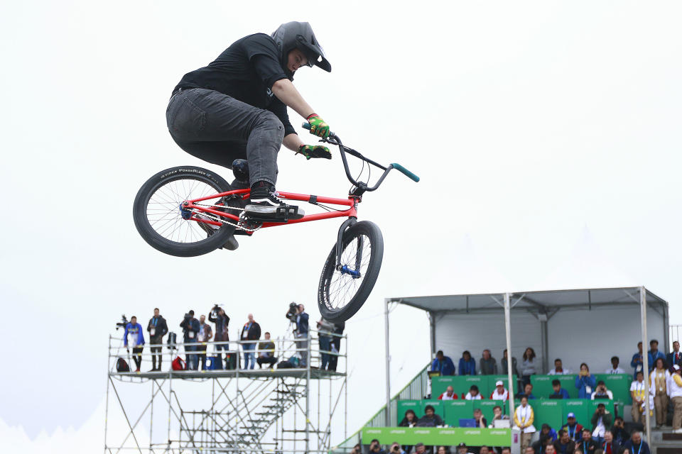 Hannah Roberts gets big air during the women's freestyle BMX final at the 2019 Pan American Games. (Photo by Cesar Gomez/Jam Media/Getty Images)