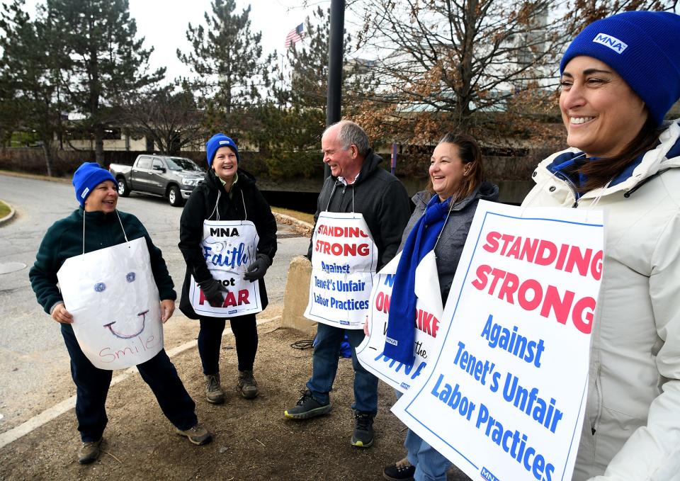 Lots of smiles for nurses walk the picket line Saturday morning over the tentative agreement reached between St. Vincent Hospital and the Massachusetts Nurses Association. Among them are Linda Bellows, left, of Charlton, Meg Starbard of Rutland, Matthew O'Sullivan of Auburn, Sherrie Fiske of Shrewsbury and Christine Setterlund of Jefferson.