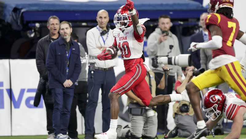 Utah’s Money Parks scores against USC in the Pac-12 championship game at the Allegiant Stadium in Las Vegas on Friday, Dec. 2, 2022. Both teams should be contenders again this year for a league crown in what will be the Trojans final year in the league.