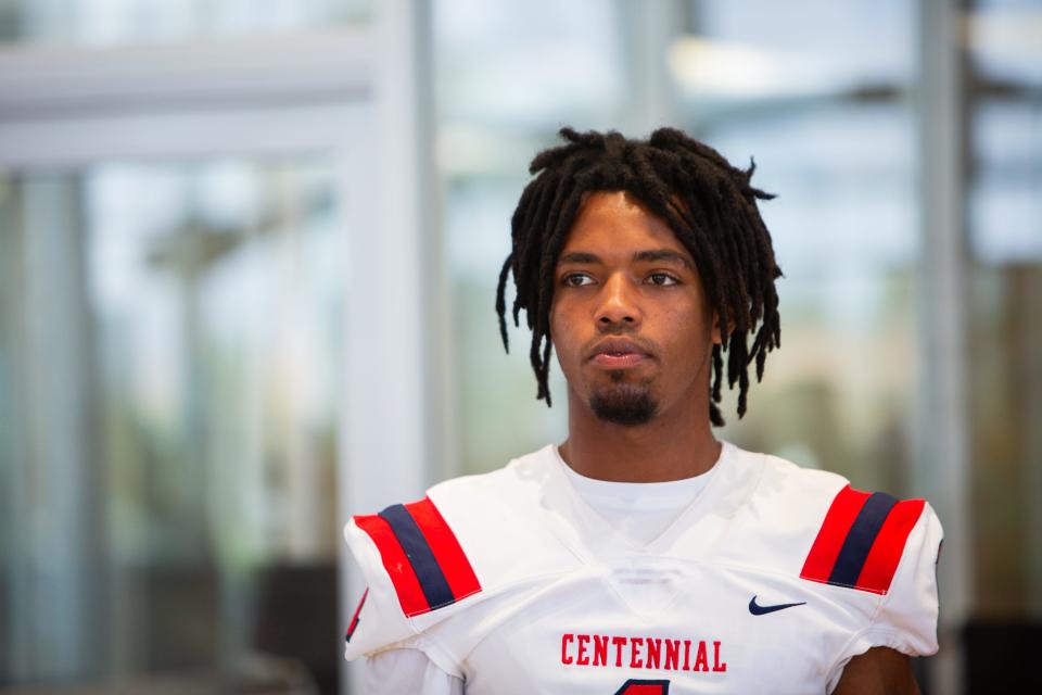 Aug 2, 2023; Peoria, AZ, USA; Centennial High School quarterback Kenneth Worthy speaks to members of the media during the Peoria district football media day at Liberty Buick showroom in Peoria on Wednesday, August 2, 2023.