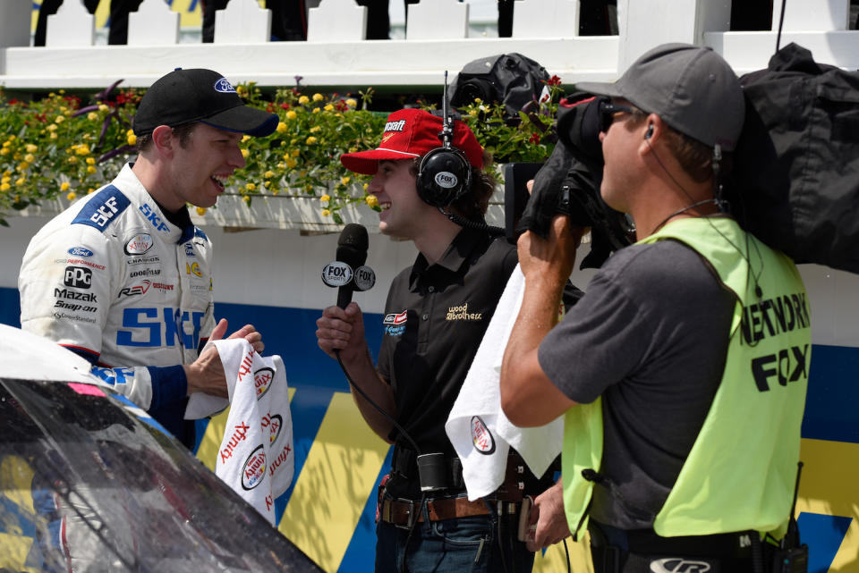 Ryan Blaney interviewed Brad Keselowski during last year’s drivers only race. They’ll both be on the broadcast team in 2018. (Getty)