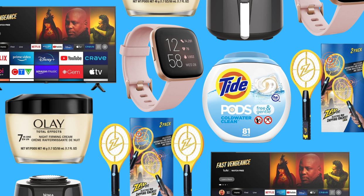 amazon collage of amazon fire tv, pink fitbit watch, tide pods, bug zapper, olay total effects, ninja air fryer on blue background, best amazon deals for non prime members