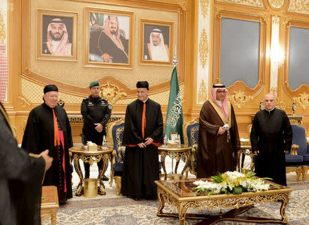 Lebanese Maronite Patriarch Bechara Boutros Al-Rahi is welcomed by Saudi Arabia's Minister of State for Gulf Affairs Thamer al-Sabhan, in Riyadh, Saudi Arabia November 13, 2017. Saudi Press Agency/Handout via REUTERS