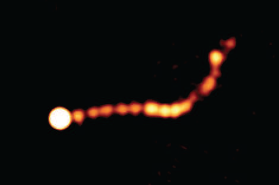 The jet known as ‘PKS 0637-752’ as seen by the Australia Telescope Compact Array (ATCA) in New South Wales, Australia clearly showing the shock diamond-like shapes in the two million light year long structure.