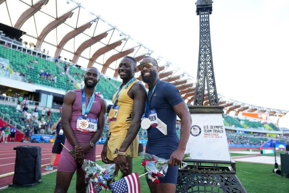 Former Kentucky star Daniel Roberts, left, along with Grant Holloway and Freddie Crittenden, qualified for the Olympics in the men’s 110-meter hurdles.