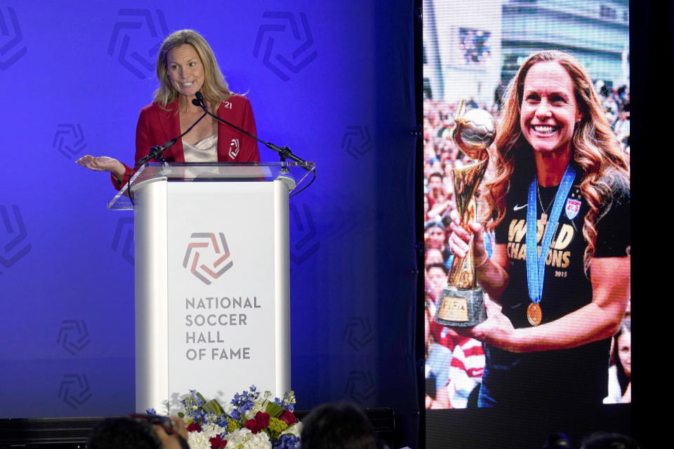 Former U.S. women's national team player Christie Pearce Rampone speaks after she was inducted into the National Soccer Hall of Fame, Saturday, May 21, 2022, in Frisco, Texas. (AP Photo/Tony Gutierrez)