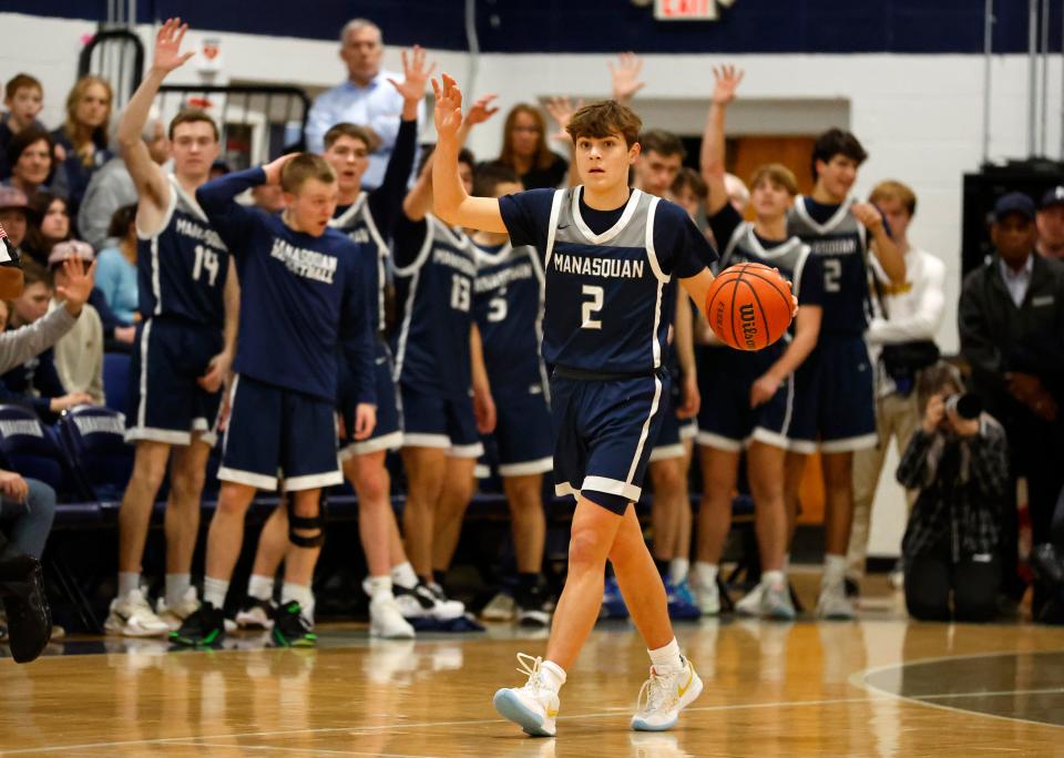 Manasquan guard Rey Weinseimer brings the ball up against Rumson-Fair Haven in the NJSIAA Central Group 2 final on March 3, 2024, in Manasquan. 
Noah K. Murray-Correspondent/Asbury Park Press
