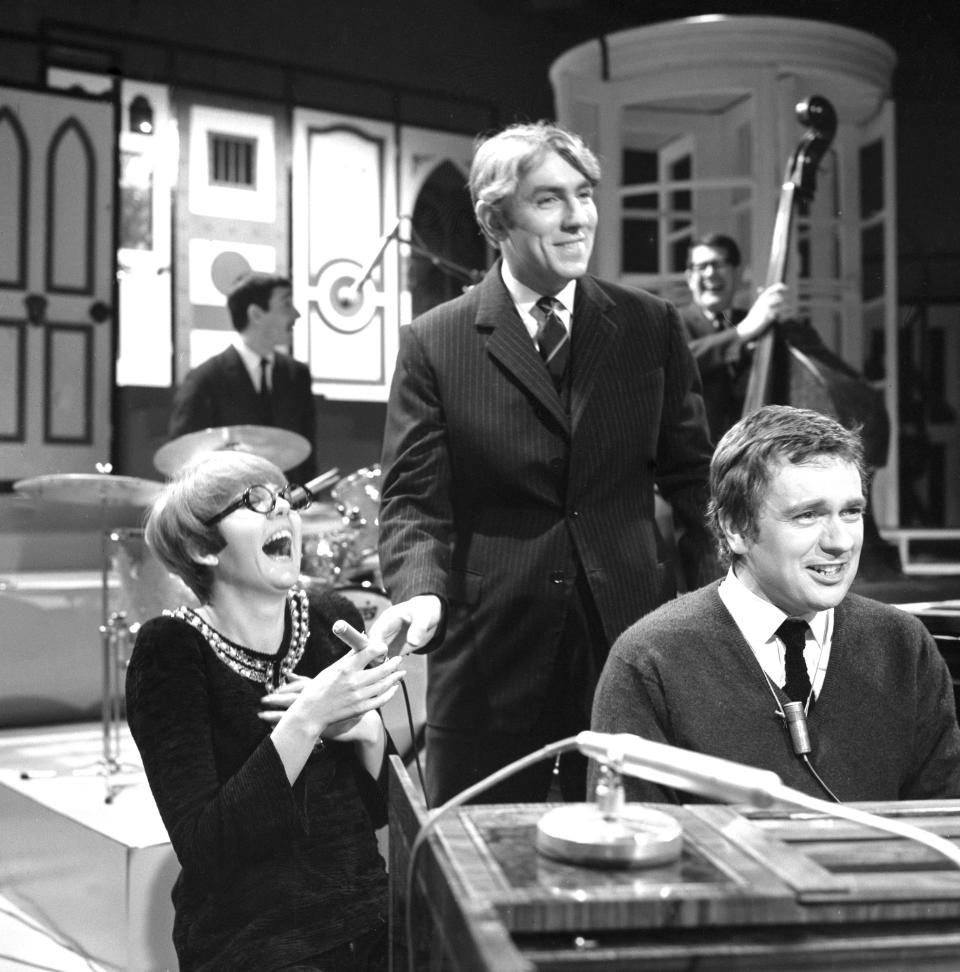 Singer Cilla Black enjoys rehearsing with Peter Cook and Dudley Moore at the BBC Television Centre in London. Cilla will be guest star in the first of BBC2's new 'Not Only - But Also' series.