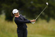 Albane Valenzuela, of Switzerland, hits on the ninth fairway during the final round of the ShopRite LPGA Classic golf tournament, Sunday, June 12, 2022, in Galloway, N.J. (AP Photo/Matt Rourke)