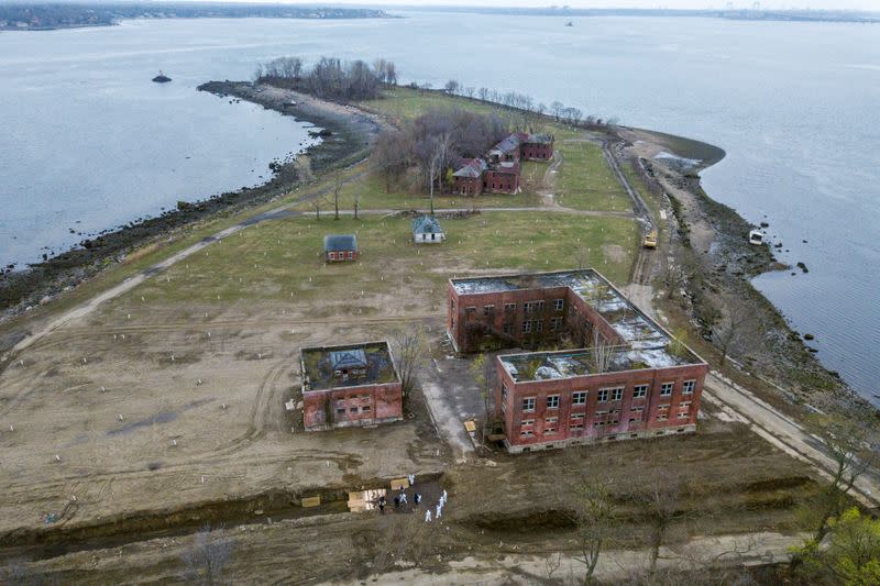 Drone pictures show bodies being buried on New York's Hart Island, where the department of corrections is dealing with more burials overall, amid the coronavirus disease (COVID-19) outbreak in New York City