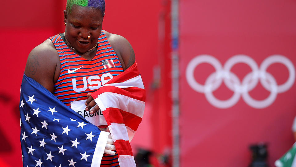 Raven Saunders, pictured here after the women's shot put final at Tokyo 2020 Olympics.