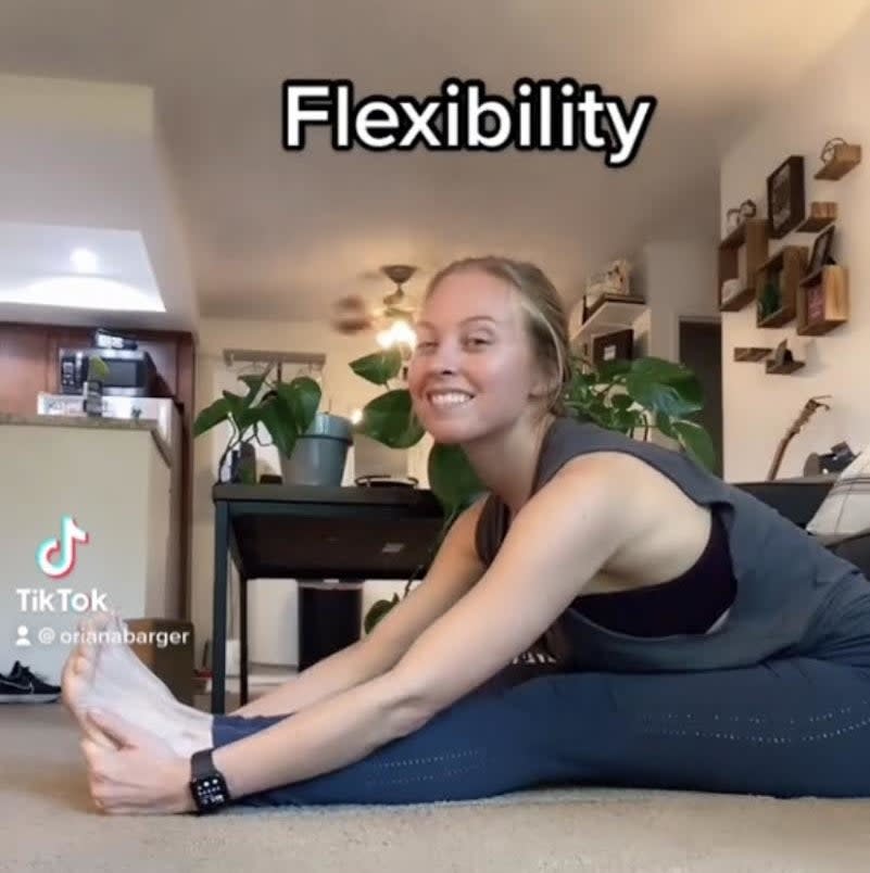 Oriana Barger stretching with text that says, "Flexibility"