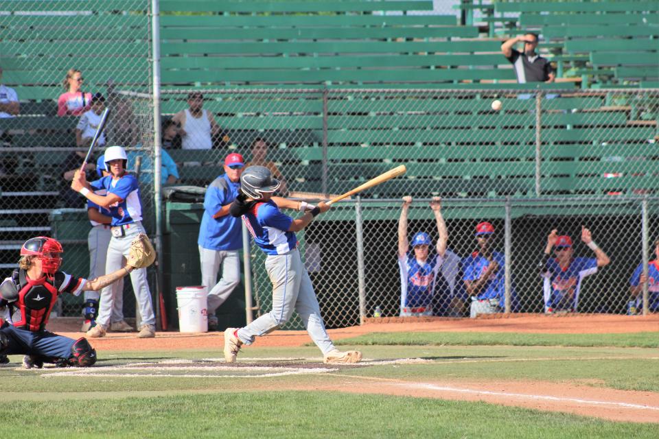 Mike Casillas makes contact on a pitch in the first inning of the Azteca's doubleheader on Jun 17, 2022, at the Tony Andenucio Tournament.