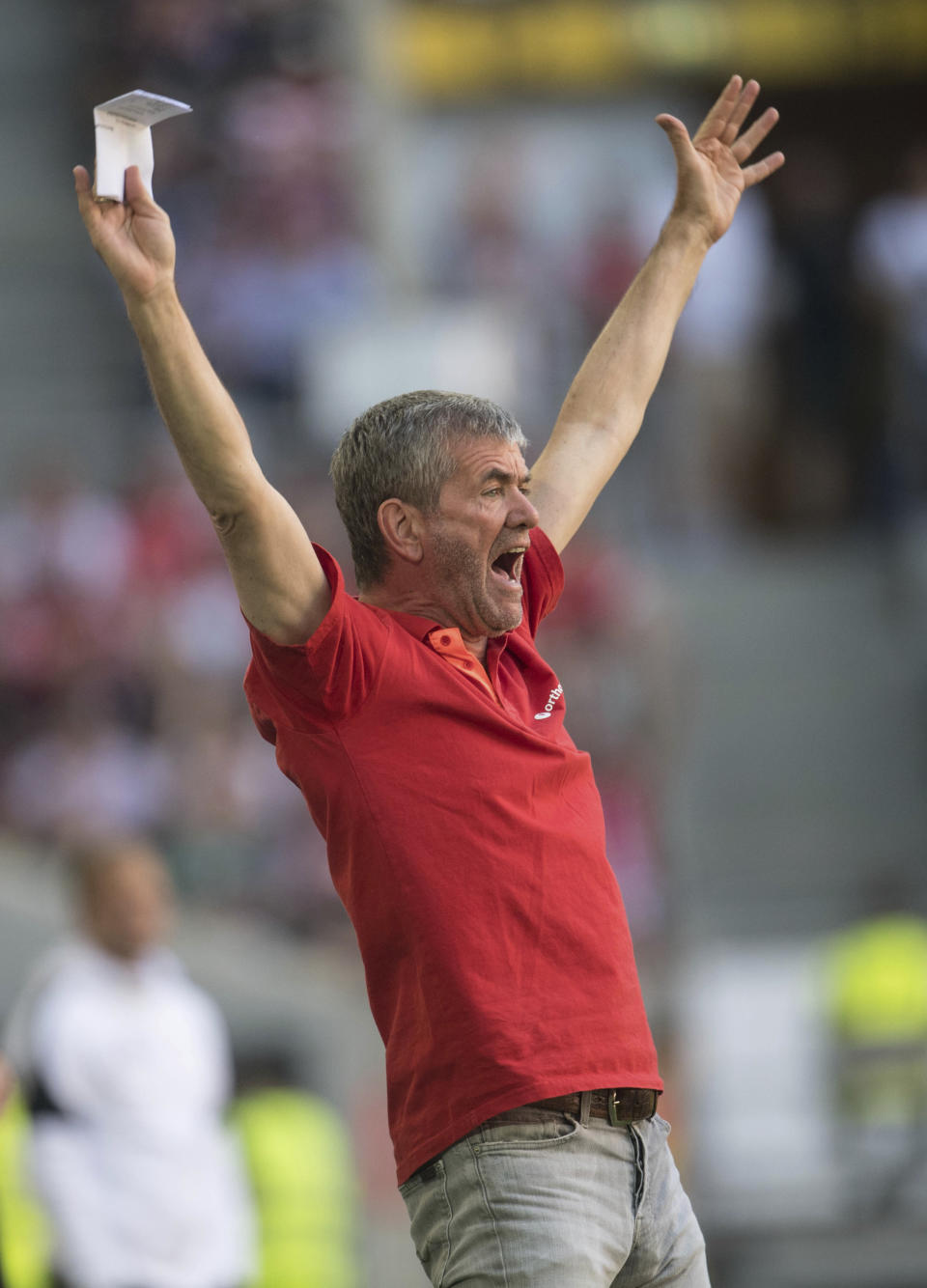 File - In this Friday,May 6, 2018 photo Friedhelm Funkel, head coach of the German first division, Bundesliga, soccer team Fortuna Duesseldorf, celebrates during a second division, Bundesliga, soccer match between Fortuna Duesseldorf and Holstein Kiel in Duesseldorf, Germany. (Bernd Thissen/dpa via AP, file)