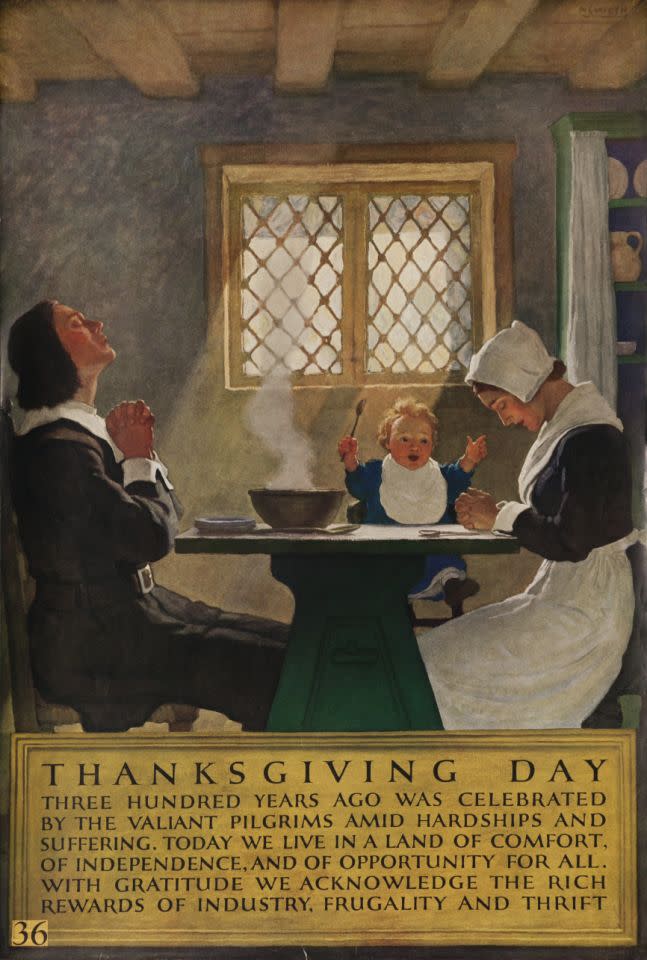 Undated — Printed by “National Service Bureau”, Pilgrim family sit down to enjoy Thanksgiving meal, illustrated by NC Wyeth. “…With gratitude we acknowledge the rich rewards of industry, frugality and thrift.” — Image by © David Pollack/Corbis