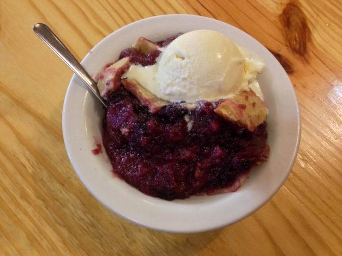 Blackberry cobbler is among homemade pies and desserts at Ranchman’s Cafe in Ponder.