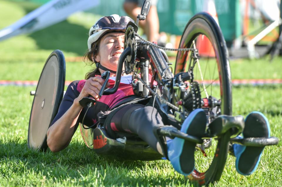 Alicia Dana wins the handcyclist division at the M&T Bank Vermont City Marathon and Relay on Sunday at Burlington's Waterfront Park.