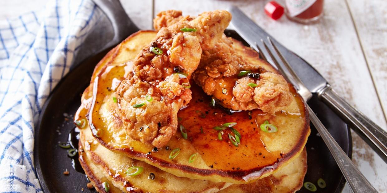 chicken and corn bread pancakes with spicy syrup