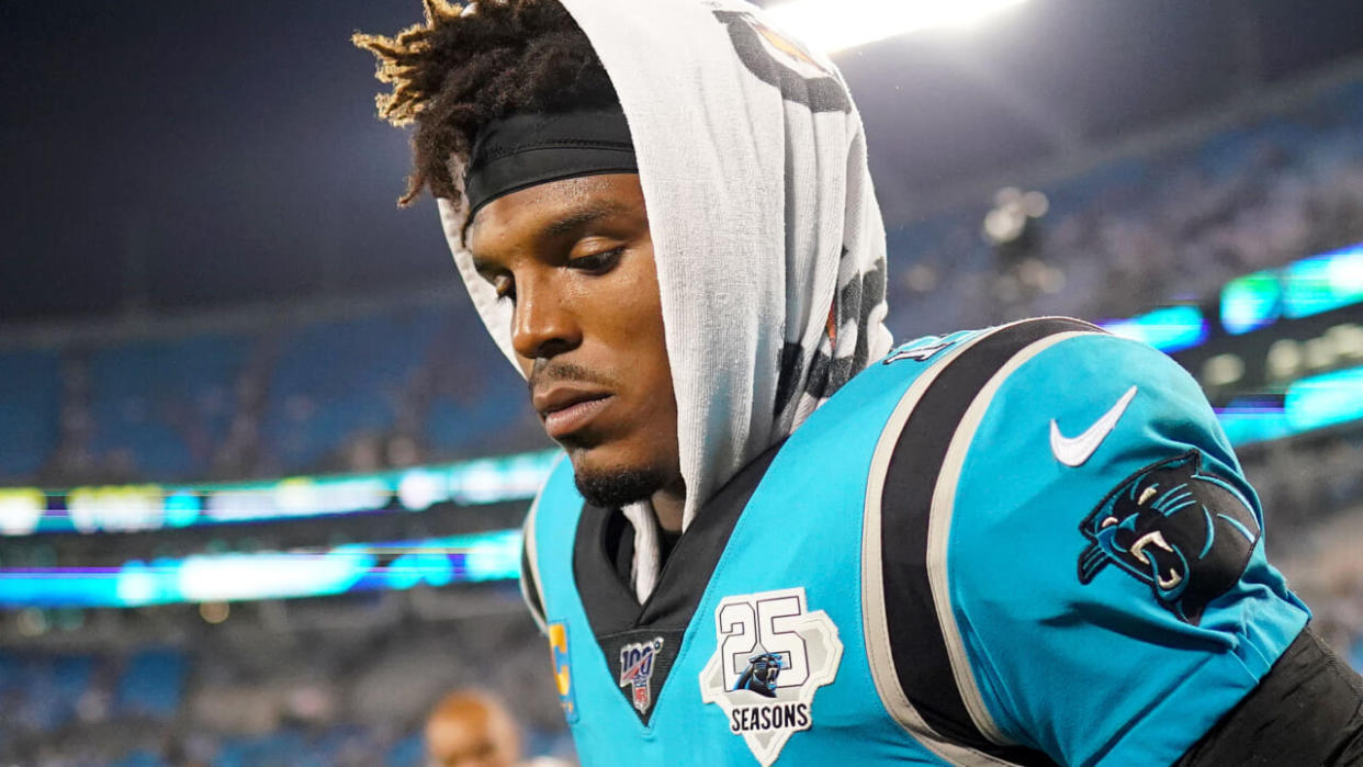 Cam Newton #1 of the Carolina Panthers runs off the field after their game against the Tampa Bay Buccaneers at Bank of America Stadium on September 12, 2019 in Charlotte, North Carolina. (Photo by Jacob Kupferman/Getty Images)