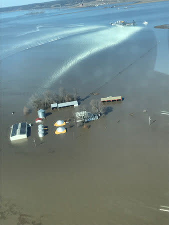 The flooded farm of Richard Oswald is seen in an aerial photo taken near Langdon, Missouri March 20, 2019. Courtesy of Richard Oswald/Handout via REUTERS.