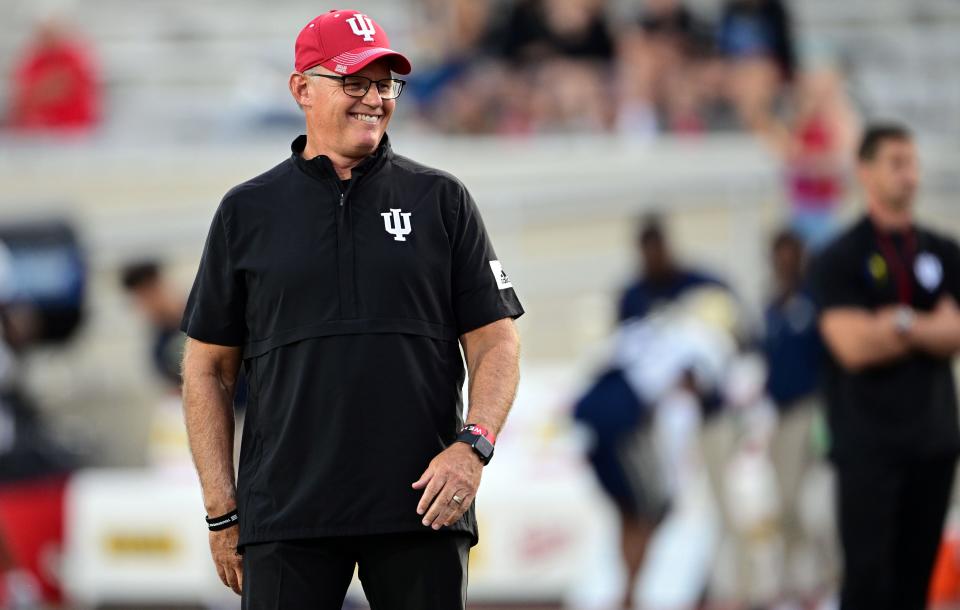 Sep 23, 2023; Bloomington, Indiana, USA; Indiana Hoosiers head coach Tom Allen smiles during warm ups before the game against the Akron Zips at Memorial Stadium.