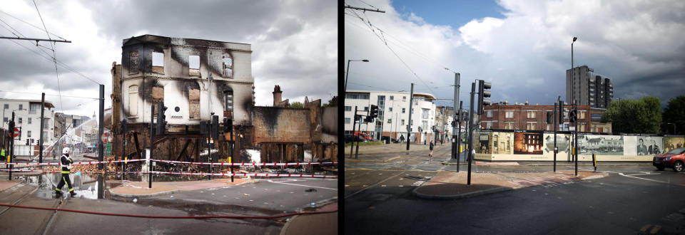 LONDON, ENGLAND - JULY 23: In this composite image (Left Photo) A fire officer stands by the burnt remains of Reeves Corner furniture store on August 9, 2011 in Croydon, England. (Right Photo) The empty space left after Reeves Corner Furniture store was burnt down, one year on from the riots. August 6th marks the one year anniversary of the England riots, over the course of four days several London boroughs, and districts of cities and towns around England suffered widespread rioting, looting and arson as thousands took to the streets. (Peter Macdiarmid/Getty Images)