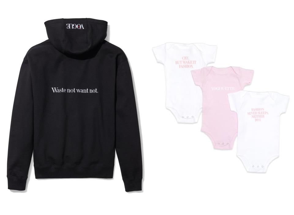 From left: Vogue x Public School black hoodie and Vogue x Maisonette baby onesie set