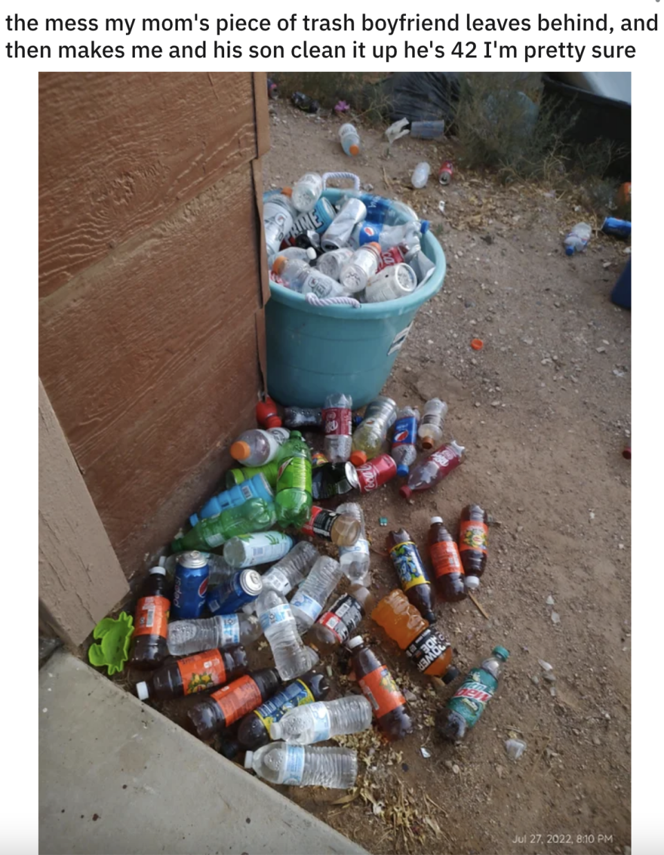 A full wastebasket and empty beverage bottles lying all over the ground next to it