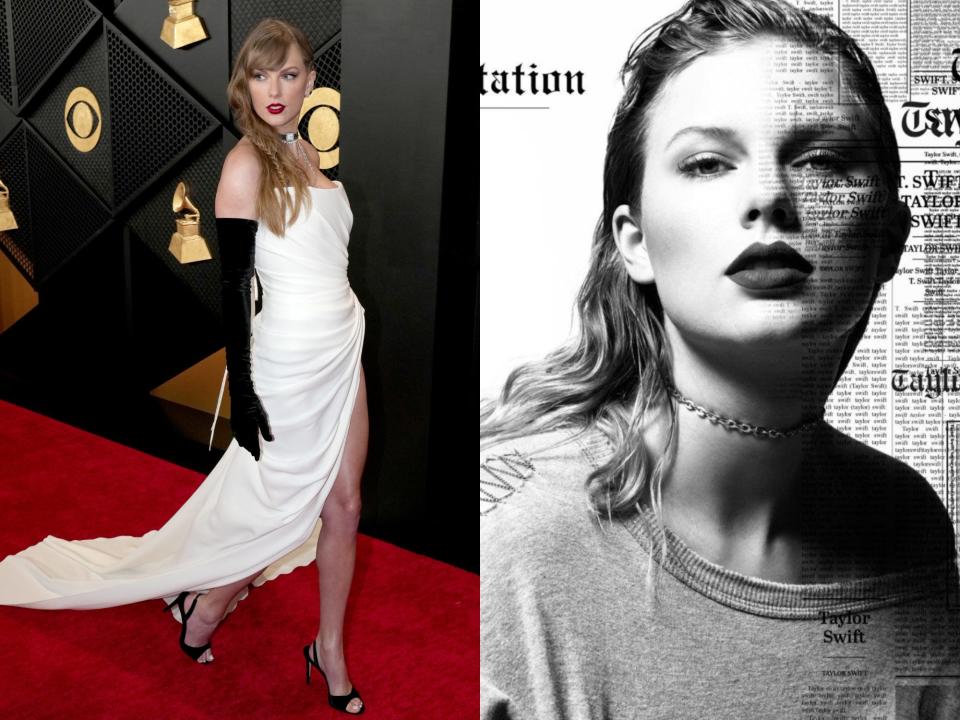 Taylor Swift attends the 2024 Grammy Awards and Swift's album cover for "Reputation"