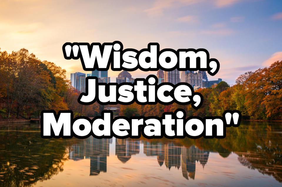 Piedmont Park and the Atlanta skyline, the motto Wisdom, Justice, Moderation