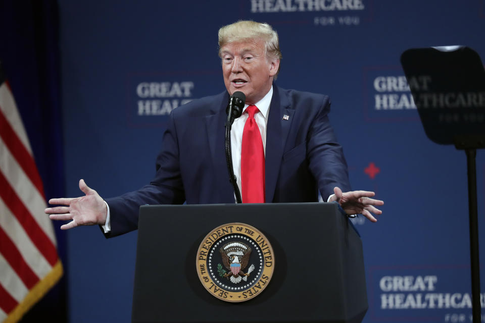 President Donald Trump delivers remarks on Medicare at the Sharon L. Morse Performing Arts Center, Thursday, Oct. 3, 2019, in The Villages, Fla. (AP Photo/John Raoux)