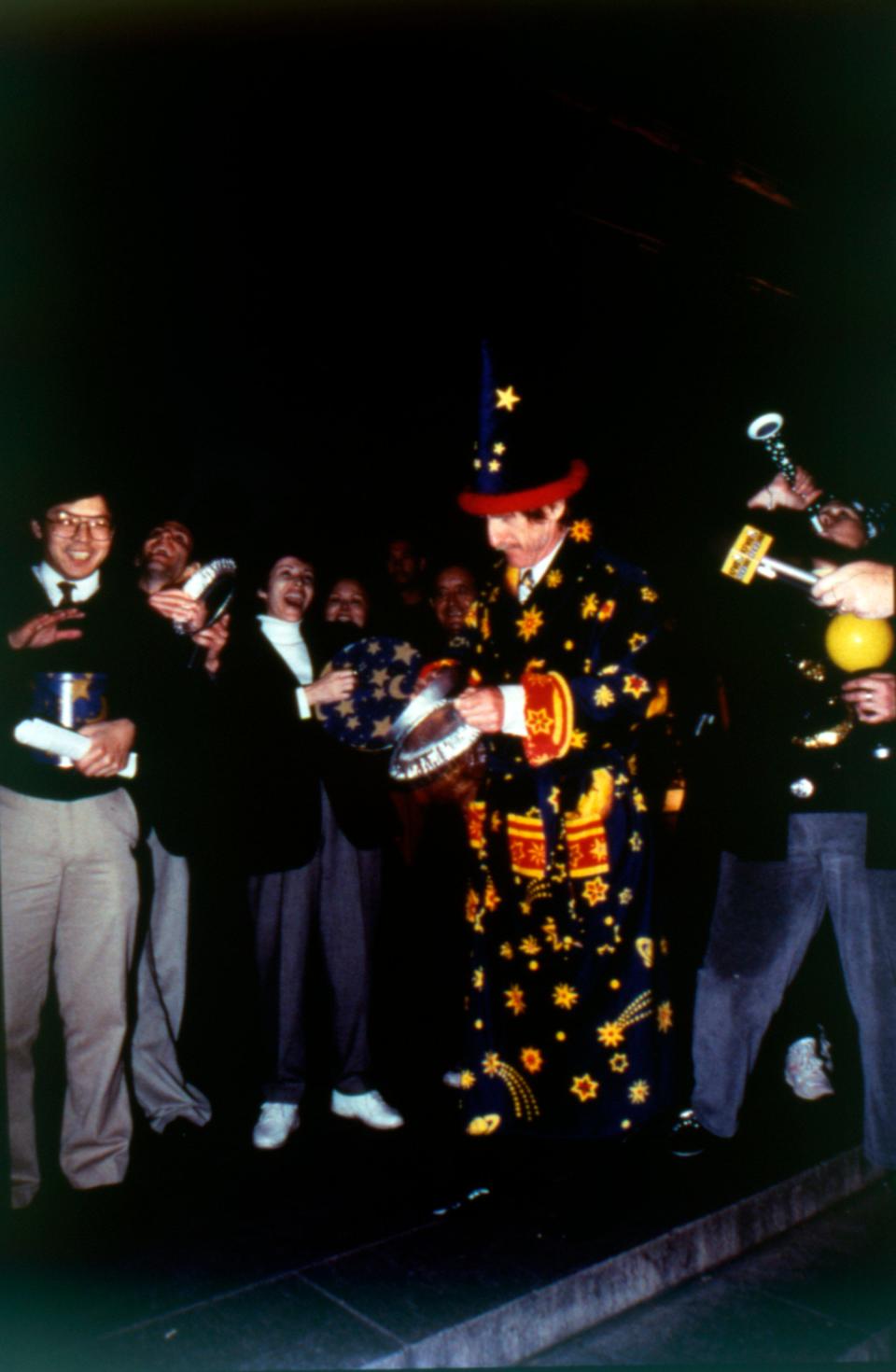 Dr. E.C. Krupp celebrates the total lunar eclipse of January 2000 in full wizard regalia, along with Patrick So, Nancy Mazzie, and others.