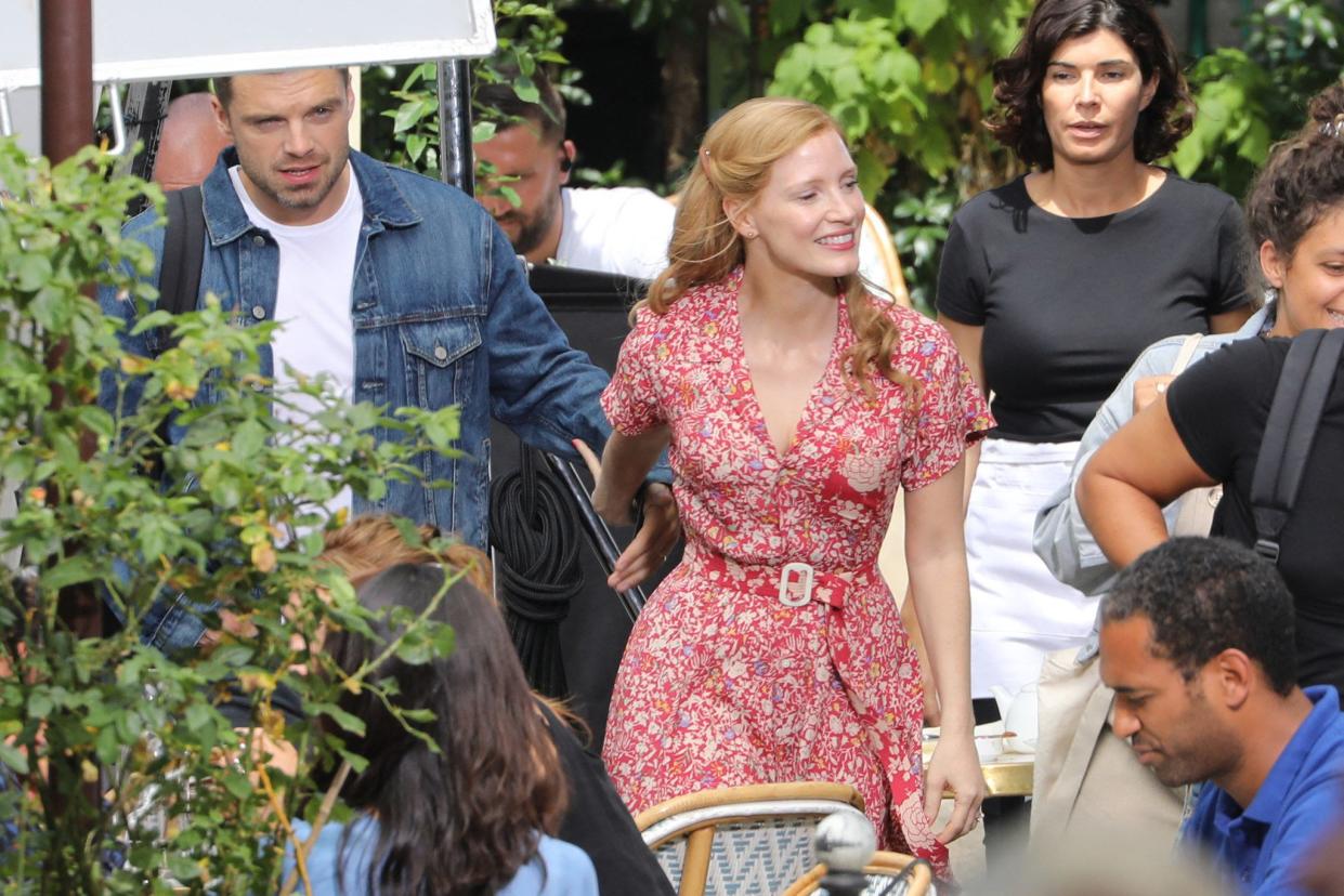 Actors Jessica Chastain and Sebastian Stan pictured filming for the female-led spy thriller "355" in Paris on Monday, July 8, 2019.