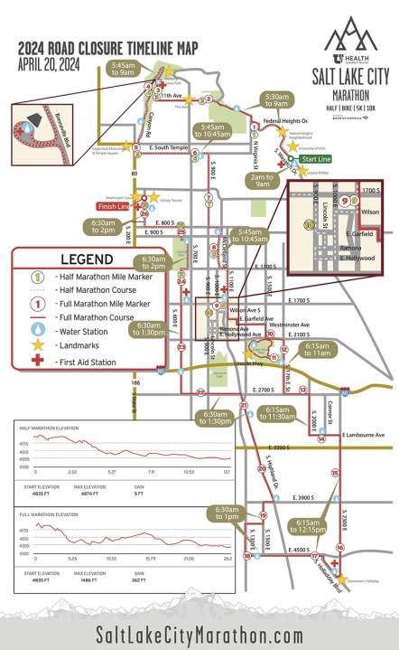 <em>A racecourse map from the event organizer’s website that lists estimated road closure times. (Courtesy Salt Lake City Marathon website)</em>