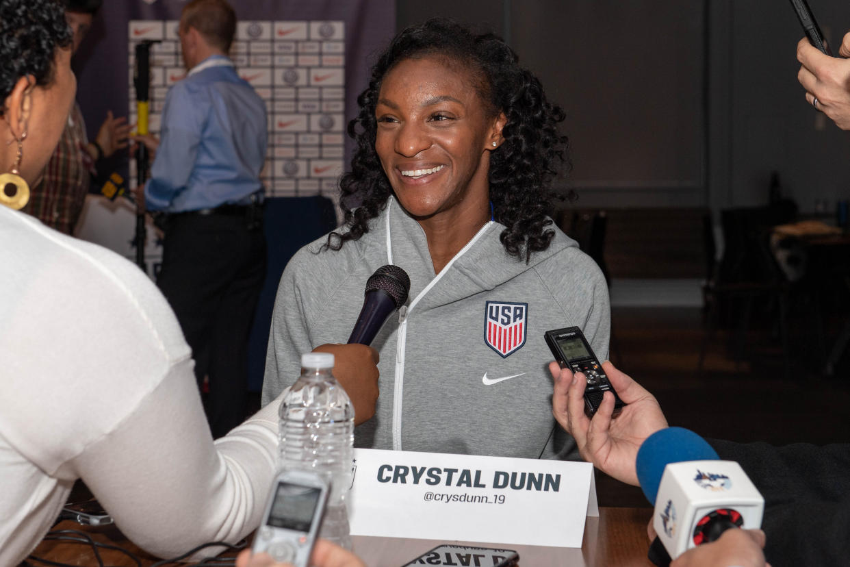 May 24, 2019; New York, NY, USA; Crystal Dunn answers questions during the U.S. Women's National Team World Cup media day at Twitter NYC. Mandatory Credit: Dennis Schneidler-USA TODAY Sports